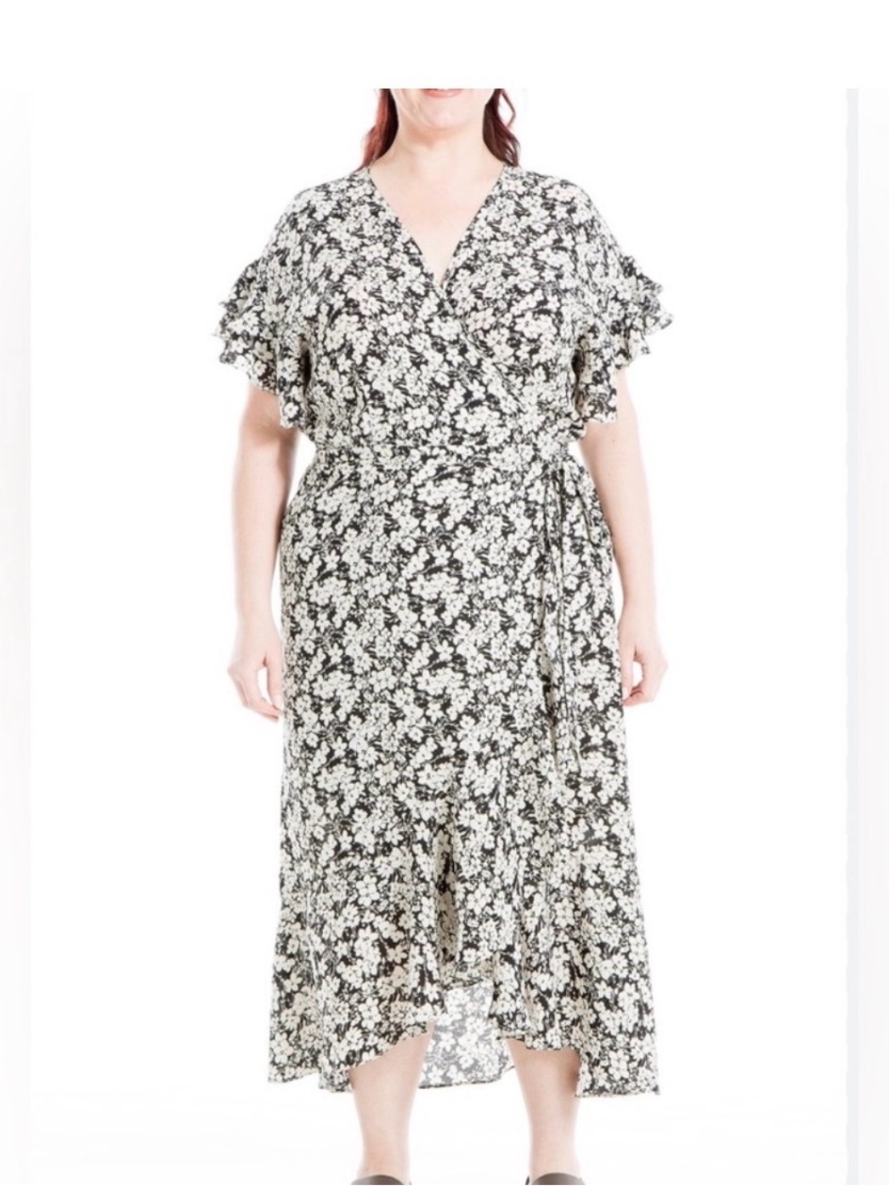 Max Studio Black and White Floral Wrap Midi Dress